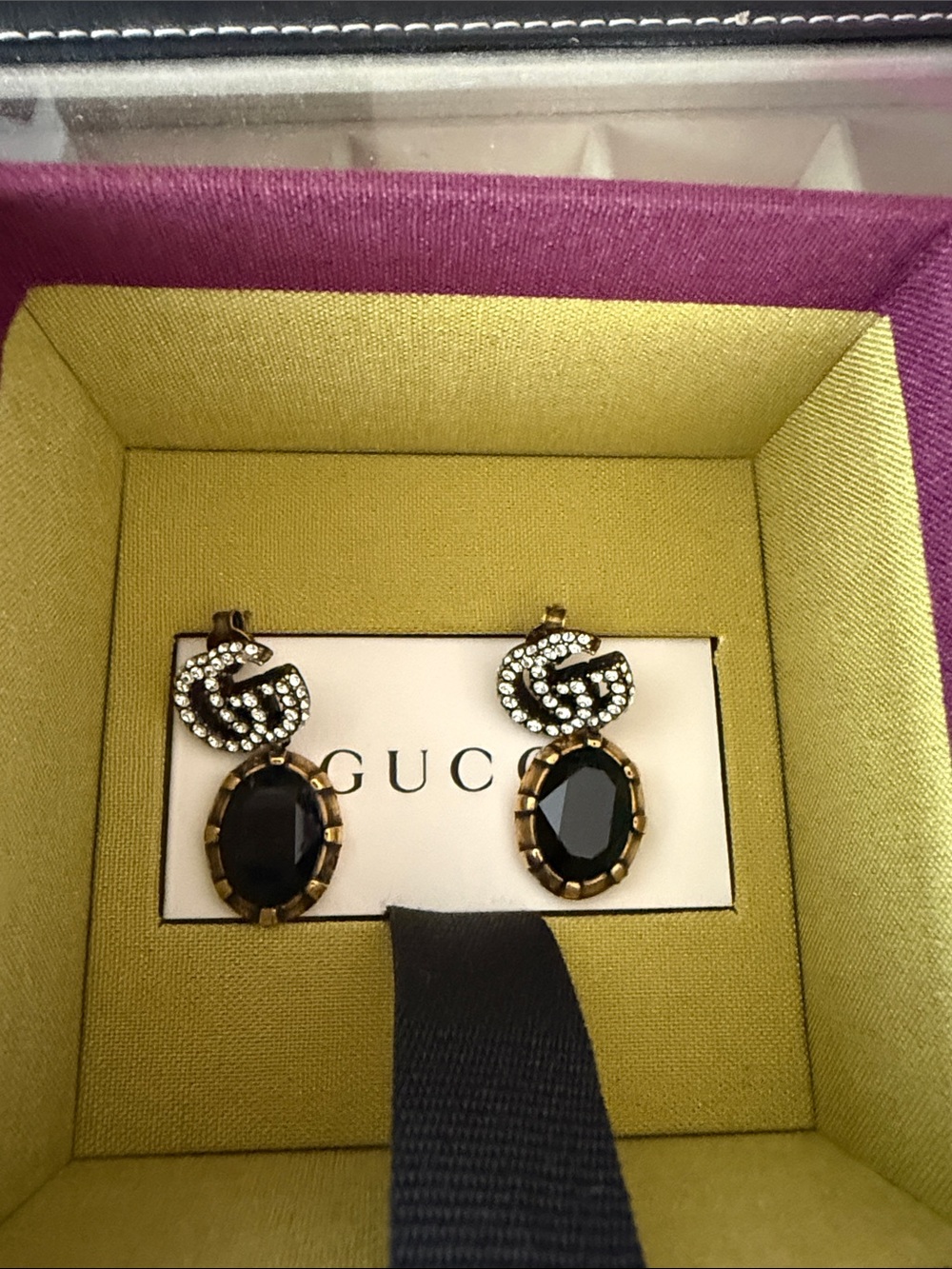 Gucci Black Crystal Drop Earrings with Rhinestone Double G